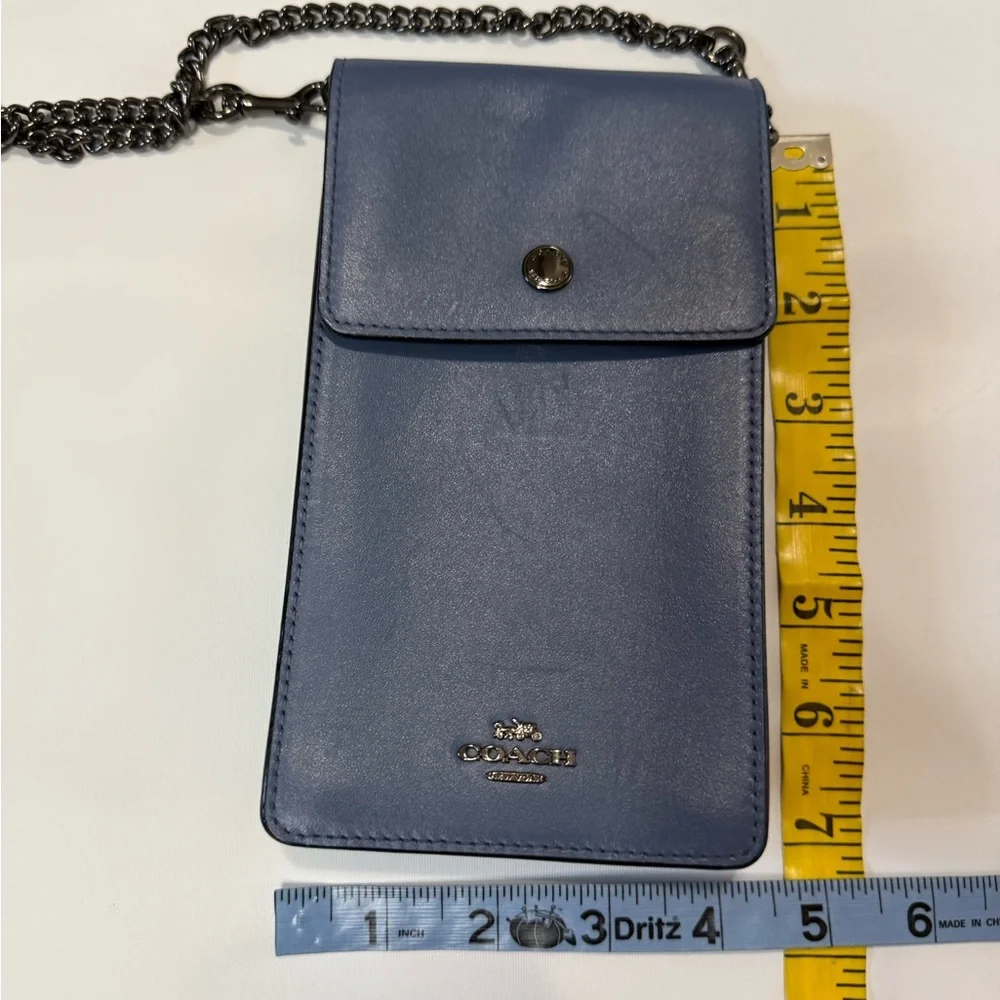 Coach Blue Leather Crossbody Phone Pouch with gunmetal gray Chain Strap